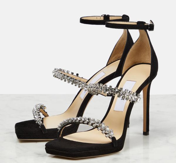 

famous summer brand bing sandals shoes women square toe crystal strap ladies high heels party wedding dress comfort walking eu35-43.box, Black