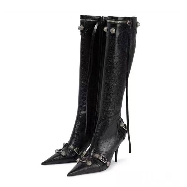 

2023 summer luxury brand new pointed toe stilettos heels vintage metal buckle knee high boots slim tassel shoes size 43 45, Black
