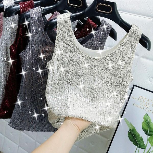 

leather sparkling sequins round neck vest women's outer wear 2022 summer new bright silk fashion glitter bottoming shirt suspender top, Black