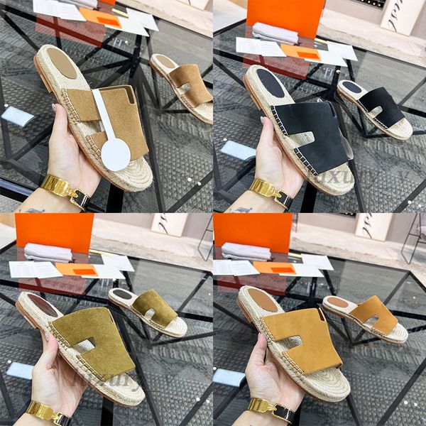 

designer straw slippers calf leather suede slides woven rope grass sandals men chypre slipper fashion summer beach flip flops, Black