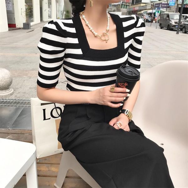 

t-shirt puff short sleeve chic slim knit female 2022 summer square collar striped tshirt for women new korean fashion clothes, White