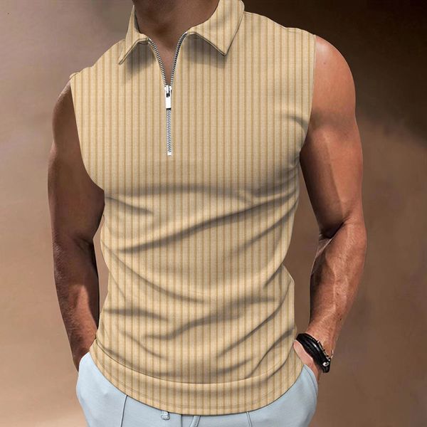 

men' tank summer fitness training sportswear polo shirt with lapel zipper tshirt casual bodybuilding sleeveless vest 230427, White;black