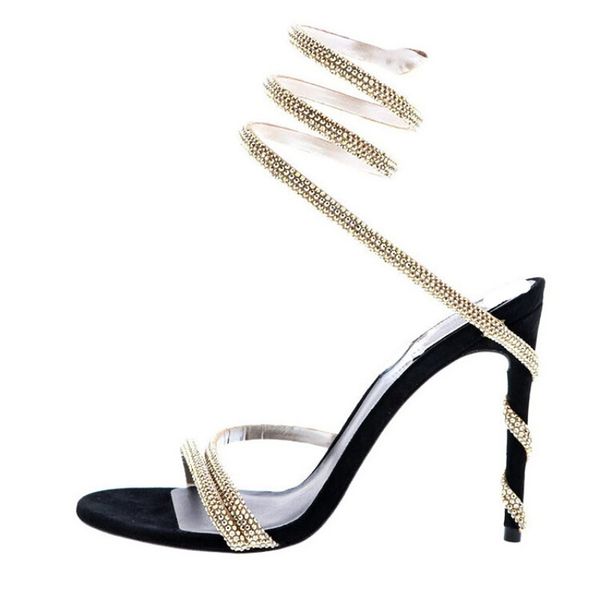 

summer 2023 new women snake shape circle heels party shoes runway stilettos crystal narrow band gladiator sandals size 43, Black