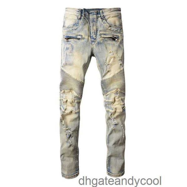 

dirty 2023 denim jeans mx2 designer pants man fog wash tide brand yellow mud water used motorcycle splice embroidery slim high street denim, Blue