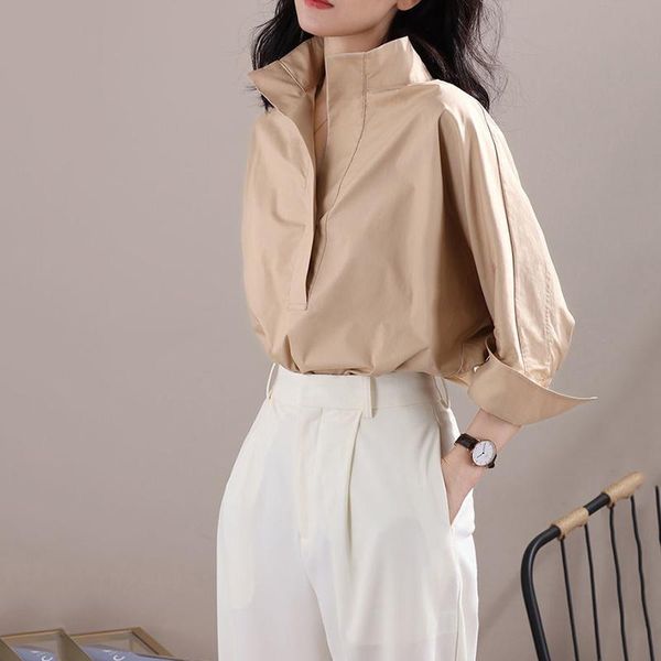

shirts new spring 2022 half high collar shirt women loose three quarter sleeve pullover blouse office lady shirts h150, White