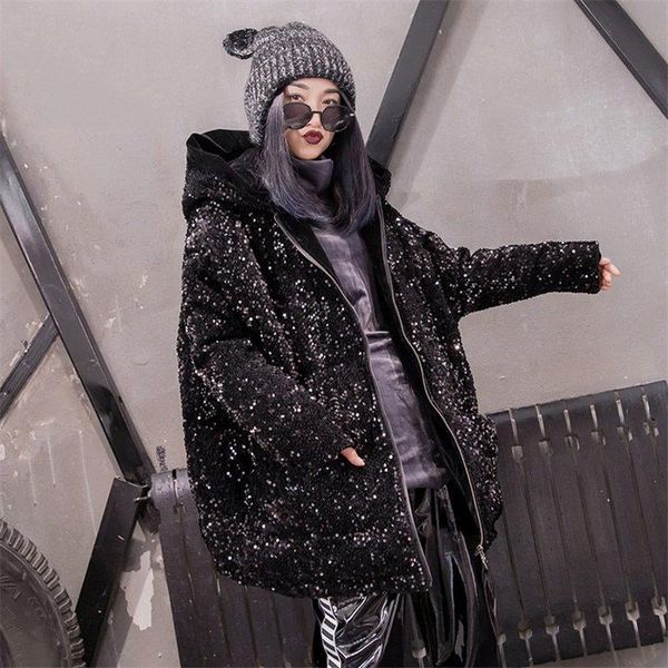 

leather fashion sequins winter jacket women hooded parkas for ladies streetwear jaqueta feminina loose warm cotton coat f1734, Black