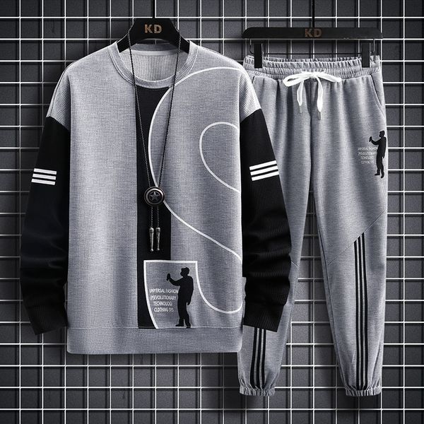 

men's tracksuits autumn men's set long sleeve round neck casual men two piece set gradient color fashion streetwear male tracksuit, Gray