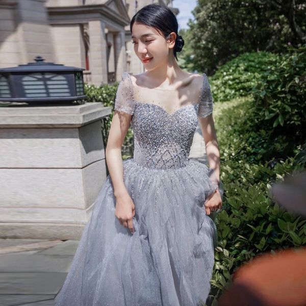 

2023 blue a-line cocktail dresses beadings illusion zipper sequined tulle o neck evening party charming gowns for bride toasting new, Black