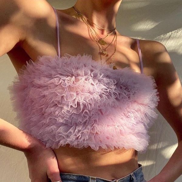 

t-shirt strap mesh sheer tube women ruffles sleeveless see through party club tanks solid slash neck summer fashion y2k camis, White