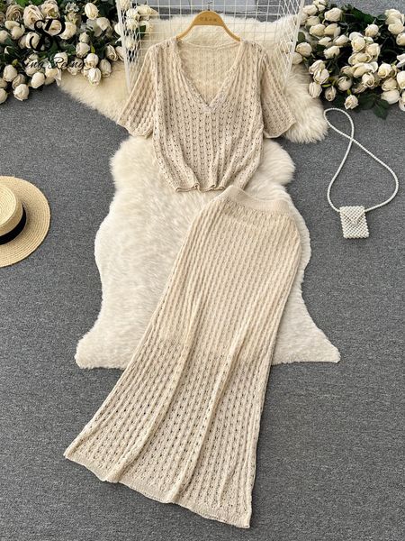 

two piece dress singreiny summer knitted two pieces suits v neck hollow out short sleeves lastic waist bodycon skirt women streetwear sets 2, White