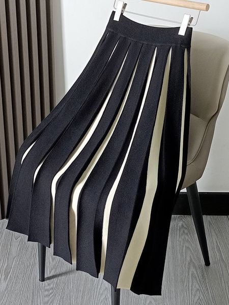 

skirts women's fashion knitted piano pleated skirt ladies elastic high waist thickened color block swing skirts autumn winter k185 2304, Black