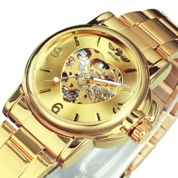 

wristwatches winner jam tangan wanita modis elegan gelang baja tahan karat dial skeleton jantung emas mekanis otomatis 230427, Slivery;brown