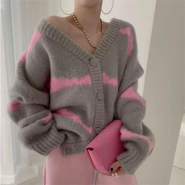 

sweaters striped autumn knitted wool cardigan women's 2022 new large vneck cardigan jacket korean long sleeved cardigan women's sw, White;black