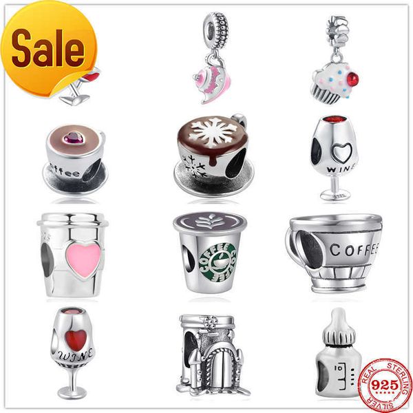 

925 silver charm beads dangle new wine cup coffee cake baby bottle pendant dangle bead fit pandora charms bracelet diy jewelry accessories, Black