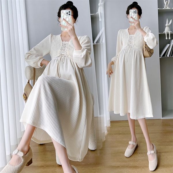 

maternity dresses 6862# spring autumn korean fashion maternity long dress chic ins a line slim clothes for pregnant women ol formal pregnanc, White