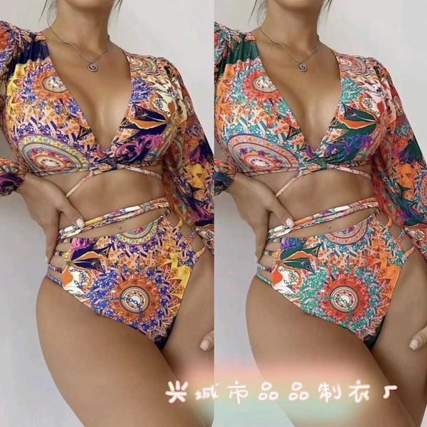 

new bikini 2023 swimwear fashionable and deep v strap print three piece split swimwear for women