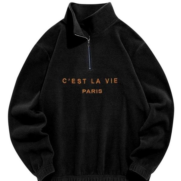 

men's hoodies sweatshirts hoodie untuk pria kaus bulu polar domba halus bordir huruf turtleneck musim dingin uniseks ritsleting keringa, Black