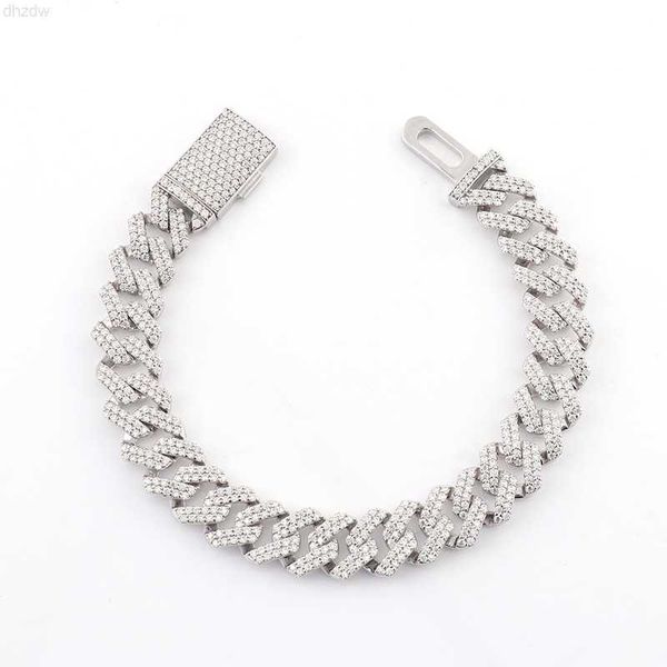 

wholesale price real 14k white gold 10mm width chain melee moissanite diamond cuban link bracelet 180mm, Silver