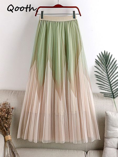 

skirts qooth high waist long pleated skirt patchwork gauze mesh midi skirt vintage floral print a-line skirts korean fashion qt1238 230428, Black