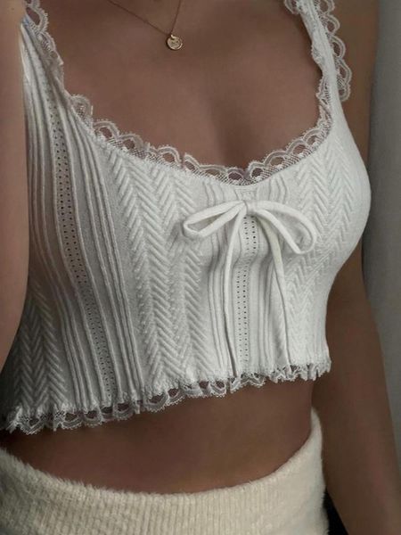 

tanks ledp summer 2022 sleeveless slim sweats lace trim cute knitted y2k vest tie bow kawaii fairycore tanks female, Black;white