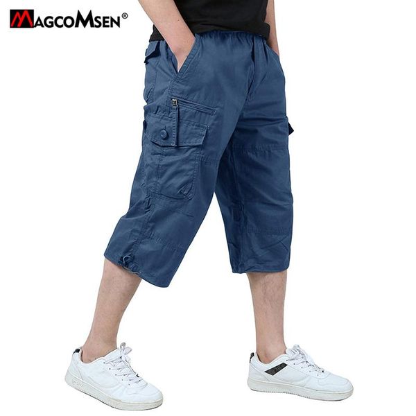 

pants magcomsen summer men's casual baggy cargo pants multi pockets elastic waist adjustable bottom 3/4 length breechs male trousers, Black