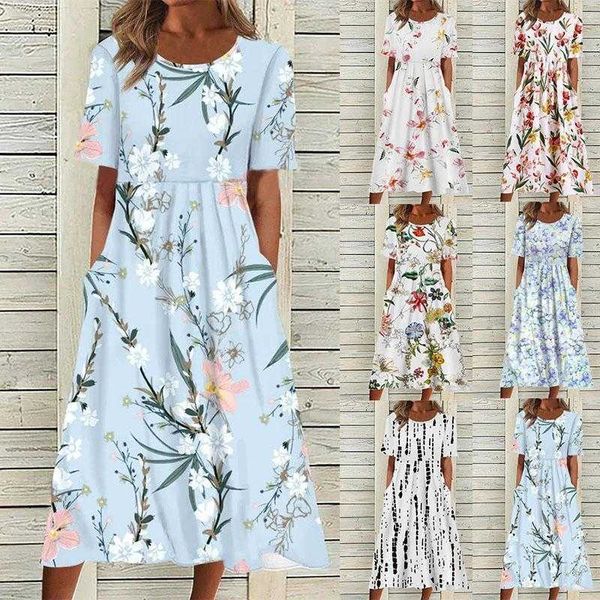 

summer mid casual dresses waist womens round neck printed swing dress, Black;gray