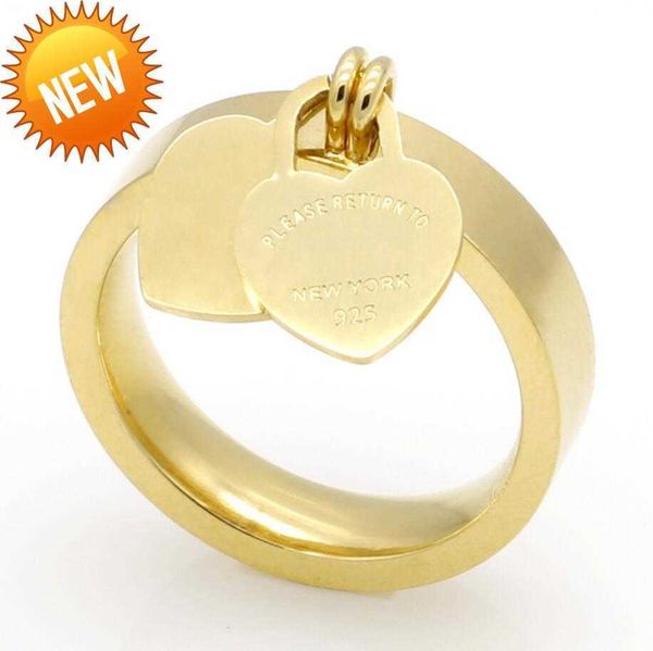 

fashion jewelry 316l titanium gold-plated heart-shaped rings t letter letters double heart ring female ring for woman, Silver