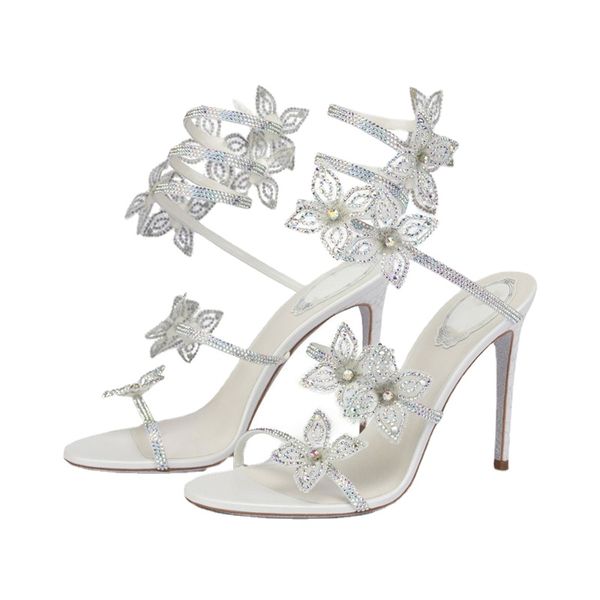 

2023 summer new rhinestone flower ankle wrap strap sandals womens banquet stilettos snake shaped spring shoes big size 43, Black
