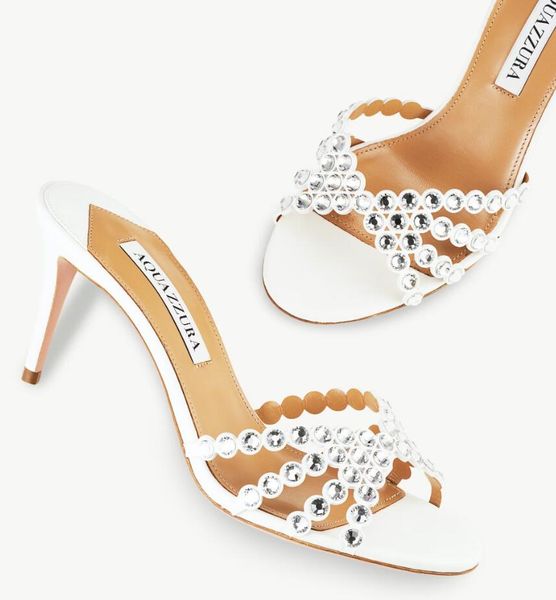 

modern design tequila sandals shoes & aquazzura women mule nappa leather glittery crystals across straps slip-on lady slipper dress party wa, Black