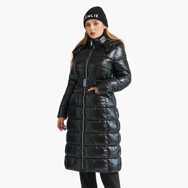 

leather santelon winter long parkas coats for women casual black thick warm puffer jacket with adjustable waist fashion hooded outerwear