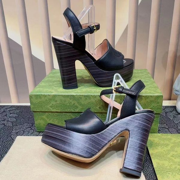 

fashion sandals designer shoes womens high heel dress shoe hollow out genuine leather ankle strap buckle 12.5cm platform thick heels summer, Black