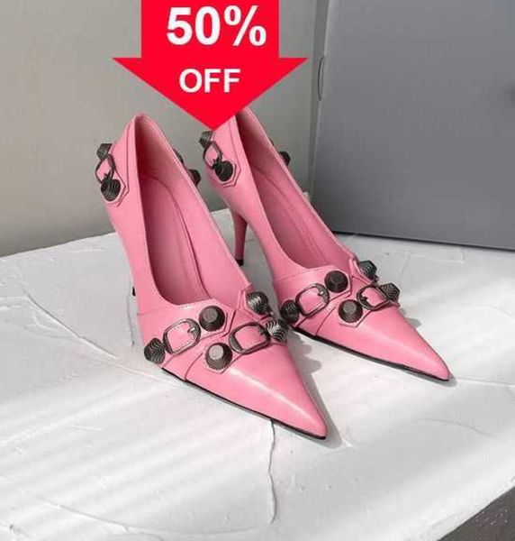 

pink lambskin pumps shoes stud buckle embellished slip-on pointed toe stiletto fashion show evening shoes luxury designers shoe77, Black