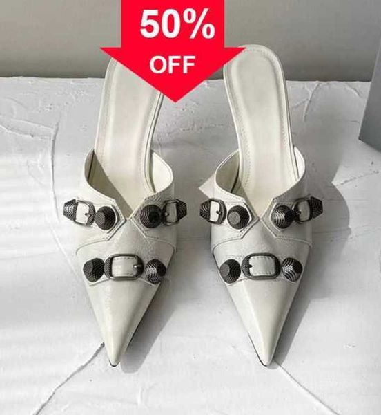 

new slippers sandals studded buckle embellished shoes slip slides cowskin baotou slippers pointed toe stiletto heel luxury designers shoe fo, Black