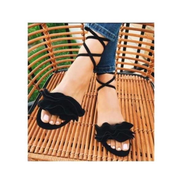 

women solid color ruffles round toe flat heel cross strap sandals rome shoes summer casual lace up2817450, Black