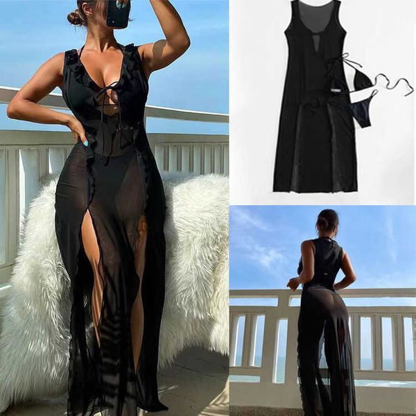 

girls 2023 spicy beach resort style long split solid bikini swimwear bikini