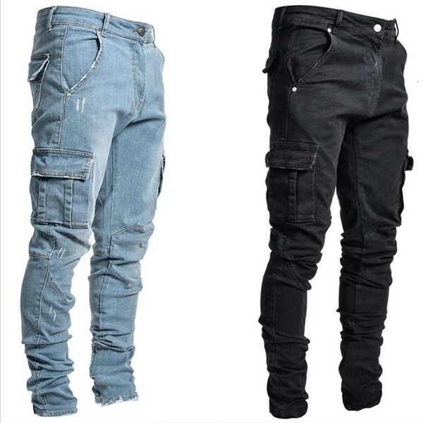 

men s jeans fashion streetwear ramping pria celana kargo mid pinggang denim multi saku warna solid panjang kasual pakaian sehari hari 230427, Blue
