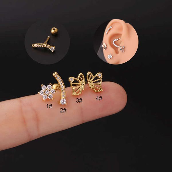 

henson stainless steel thick rod ear nail stud earrings flower hollow butterfly cubic zirconia earbone studs fashion puncture earring single, Golden;silver