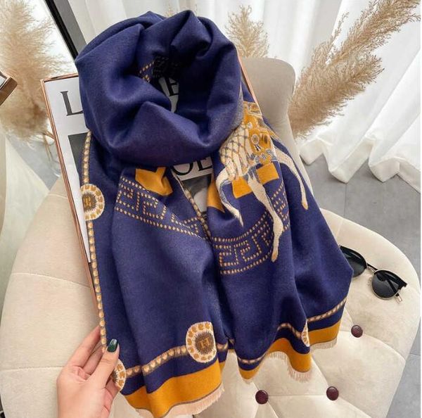 

fashion designer scarves new h cashmere scarf women's winter warm long thickened carriage scarf shawl, Blue;gray