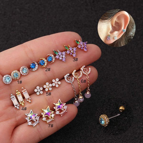 

luxurious new color cubic zircon earrings stud stainless steel ear cartilage nail puncture accessories 14k real gold plated rod brincos ear, Golden;silver