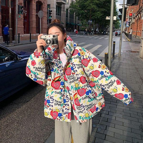 

leather harajuku vintage graffiti print loose parka fashion casual zip up hooded jackets streetwear casual allmatch warm winter coat, Black