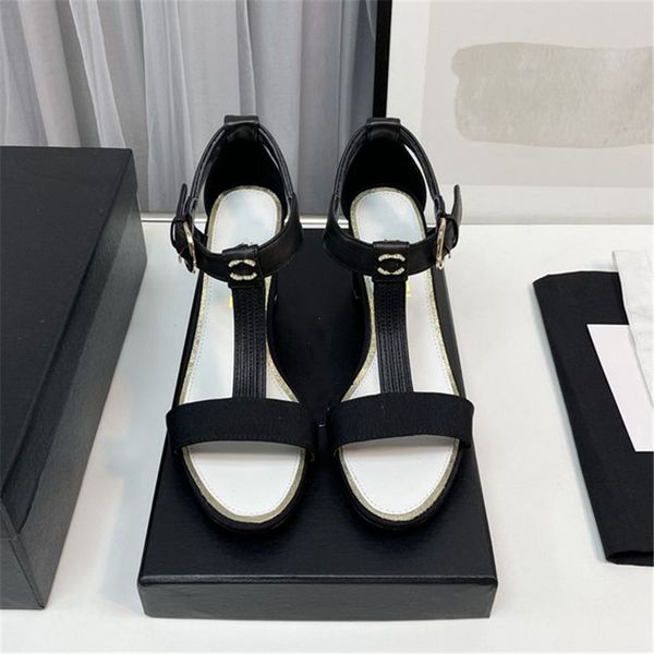 

summer popular women sandals 2023 channel luxury brand business dress wedding party leather high heels casual flat slipper 011-08, Black