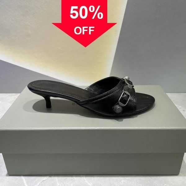 

studded buckle embellished slippers sandals shoes slip on open rounded toes women's slim medium heel slippers luxury designers shoe for, Black