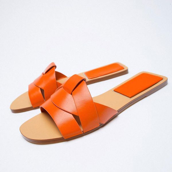 

slippers sandal kasual wanita sepatu flat ujung terbuka luar musim panas merek slide hak rendah dangkal coklat oranye 230428, Black
