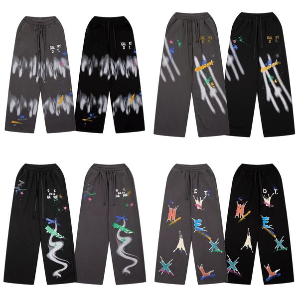 

designer galleries mens women couple sports pants straight speckled letter print high street loose casual micro horn hand painted ink splash, Black