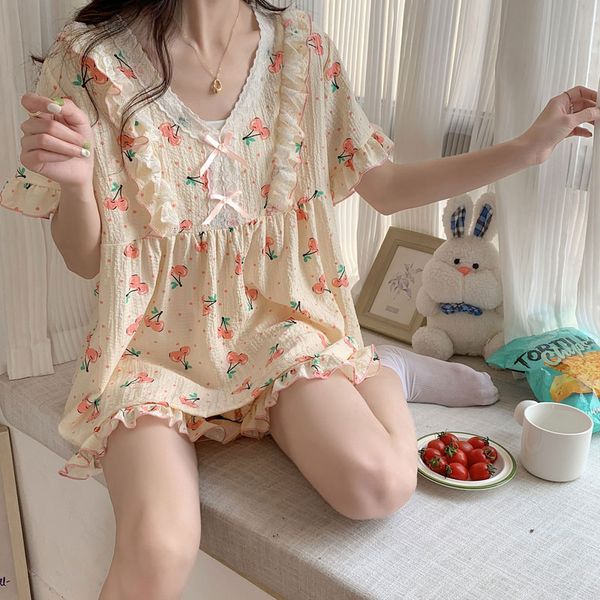 

women's sleepwear plus size pajama mujer cherry print sleepwear set short sleeve horts ruffle homewear skin-friendly breathable 230428, Black;red