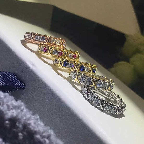 

tiffay cross colored ring silver plated 18k blue inlaid diamond fashion simple couple female