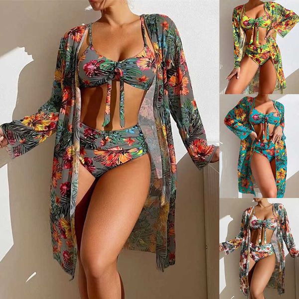 

new 2023 mesh gathering split printed swimwear women's bikini three piece set