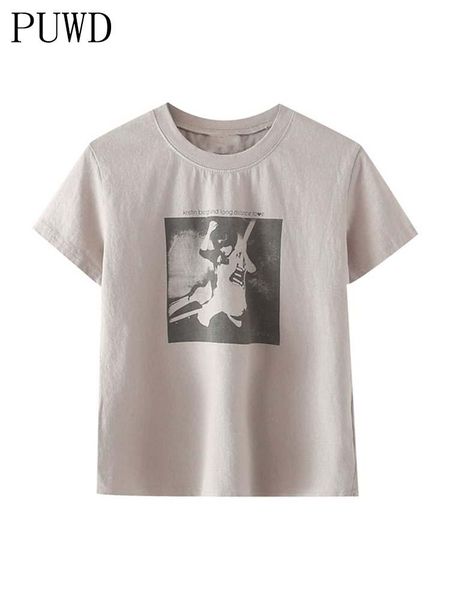 

t-shirt puwd sweet girls beige o neck film print tshirts 2022 summer fashion ladies short sleeve loose casual women chic tees, White