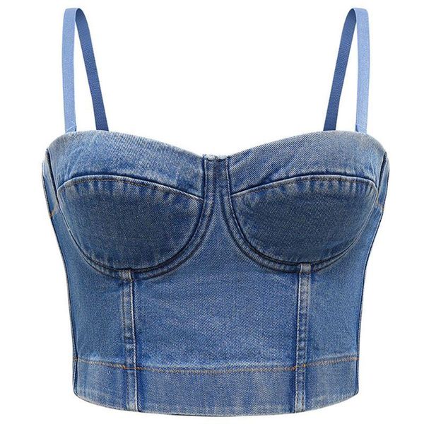 

t-shirt women detachable straps crop retro denim push up bustier corset club camis 6xda, White