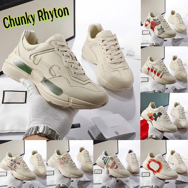 

chunky designer casual shoes men women rhyton leather printed sneaker fashion luxury interlocking red tennis mouse strawberry printed platfo, Black